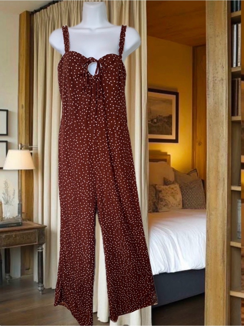 90’s Style Chocolate Polka Dot Key Hole Wide Leg Flowy Jumpsuit Romper Sz‎ L New
